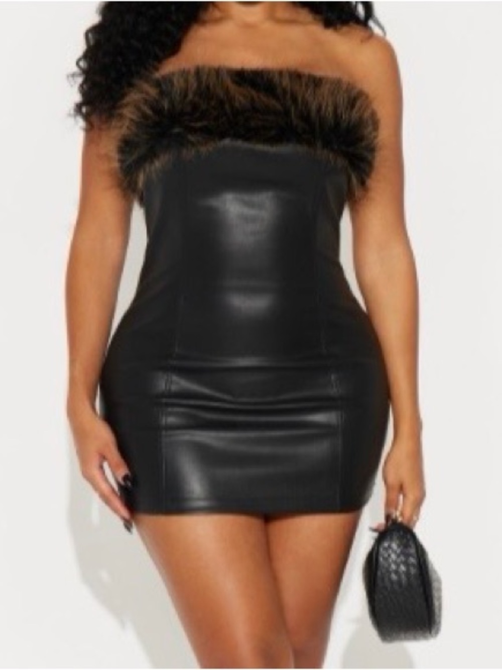 Fashion Nova Black Strapless Faux Leather Mini Dress with Brown Fur Trim
